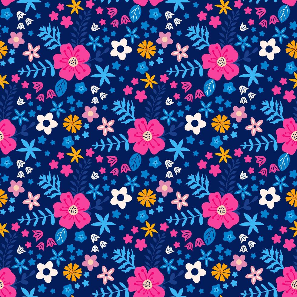 Seamless bright contrast multicolored floral pattern with flowers and leaves vector