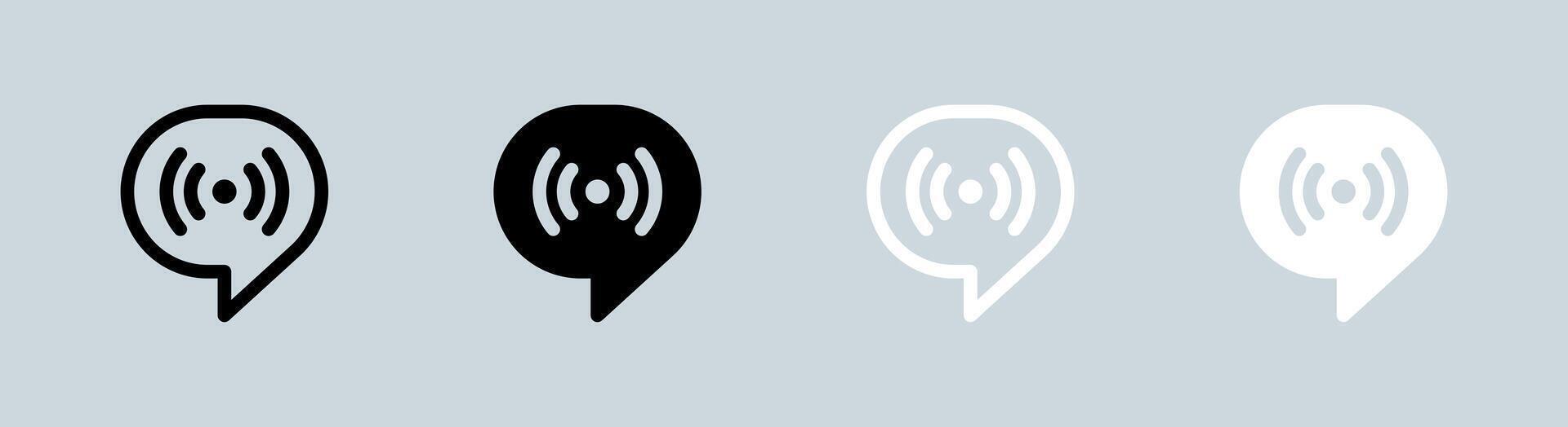 Broadcast channel icon set in black and white. Chat group signs vector illustration.