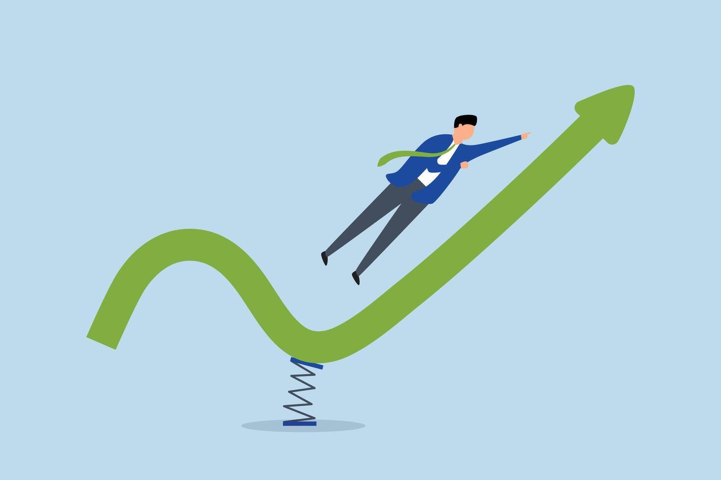 Stock market rebound, businessman jumping high on trampoline with green rising performance arrow chart vector