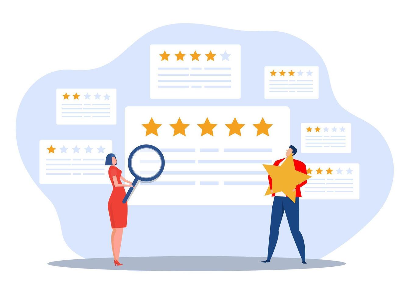 Customer Ratings and Survey Reviews businessman use pencil giving stars evaluation  performance survey excellent 5 stars service flat vector design