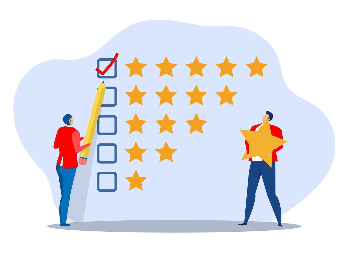 Customer Ratings and Survey Reviews businessman use pencil giving stars evaluation  performance survey excellent 5 stars service flat vector design