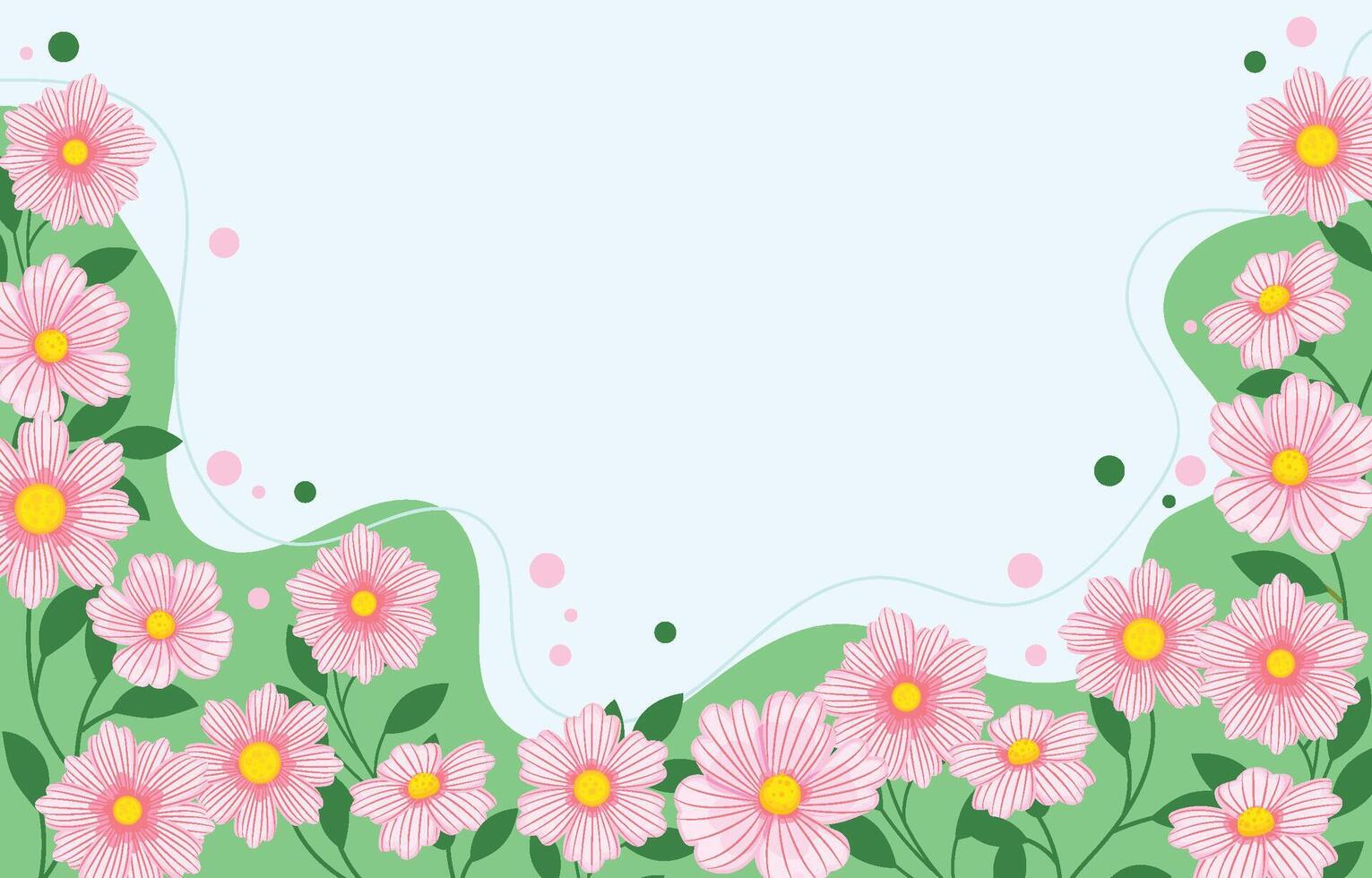 Flower background with pink cosmos flowers and green leaves. Vector illustration.