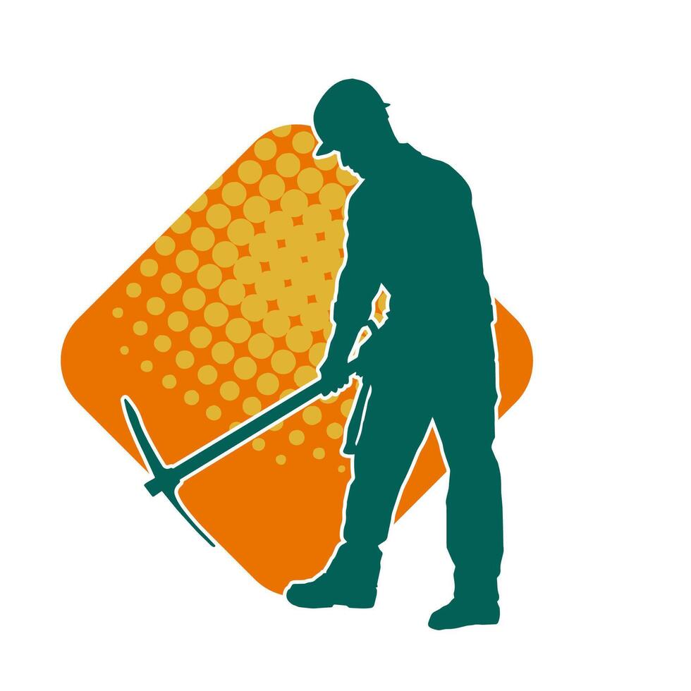 Silhouette of a man in worker costume carrying pick axe tool in action pose. Silhouette of a miner in action pose with pick axe tool. vector