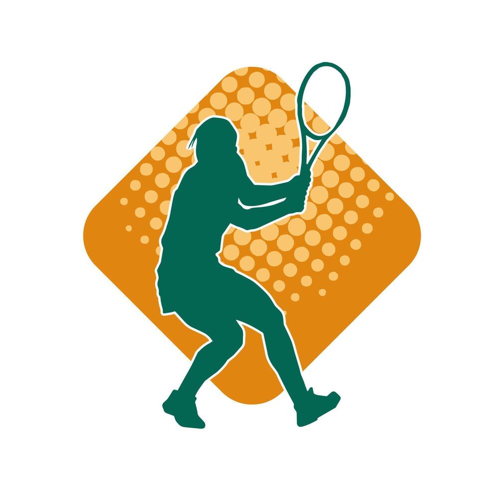 Silhouette of a female tennis player in action pose. Silhouette of a woman playing tennis sport with racket. vector