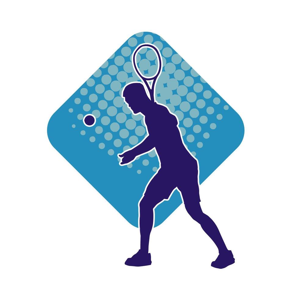 Silhouette of a male tennis player in action pose. Silhouette of a man playing tennis sport with racket. vector