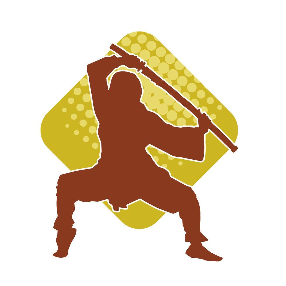 Silhouette of a male fighter in martial art costume carrying samurai sword weapon. vector