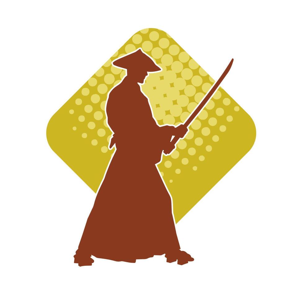 Silhouette of a kungfu or wushu martial art athlete in action pose. Silhouette of a male martial art person in pose with swords weapon. vector