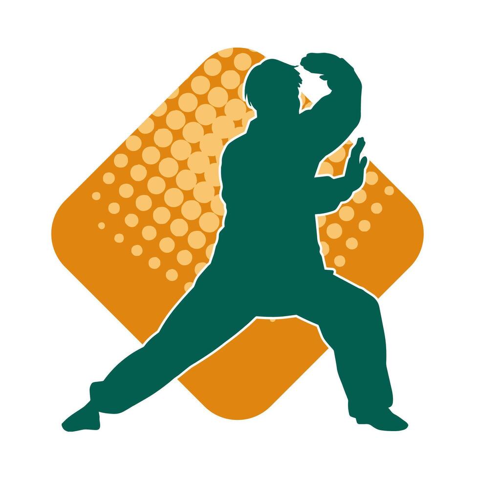 Silhouette of a man in oriental martial art pose. Silhouette of a male in martial art move. vector