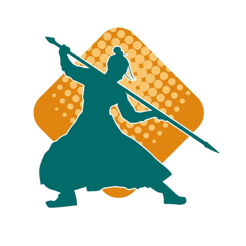 Silhouette of a wushu martial artist in action pose with a spear weapon. Silhouette of a fighter carrying a spear weapon. vector