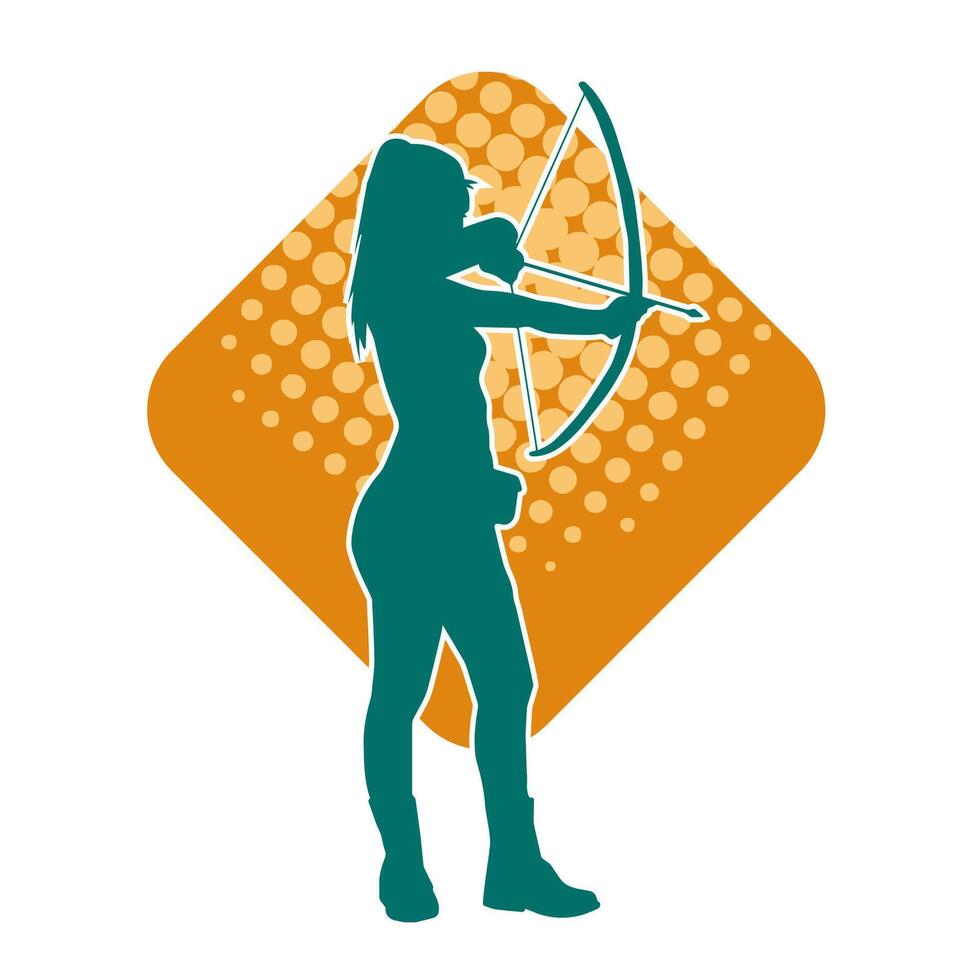 silueta de un hembra arquero combatiente en acción actitud con su flecha y arco. vector