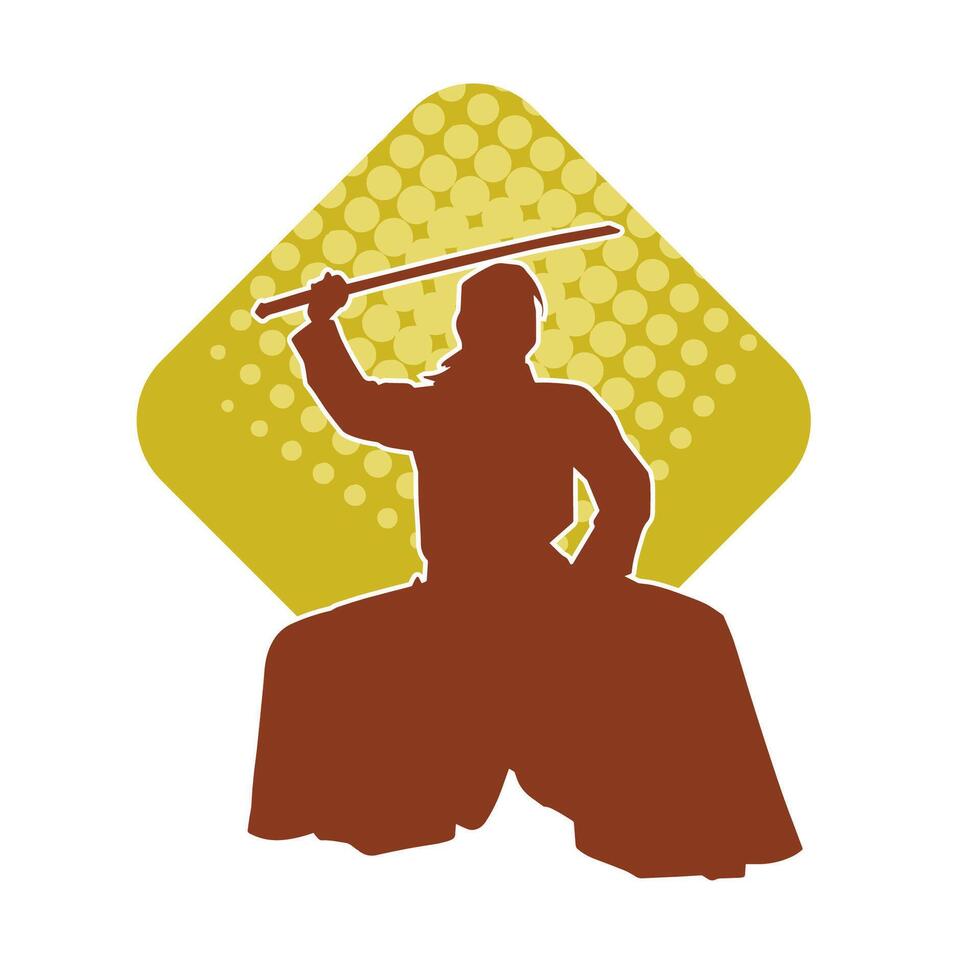 Silhouette of a male fighter in martial art costume carrying samurai sword weapon. vector