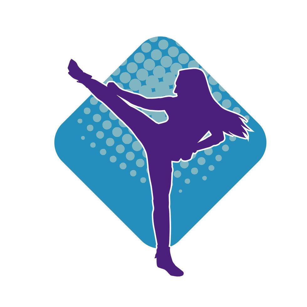 Silhouette of a woman doing a martial art kick. Silhouette of a sporty female doing kicking movement. vector