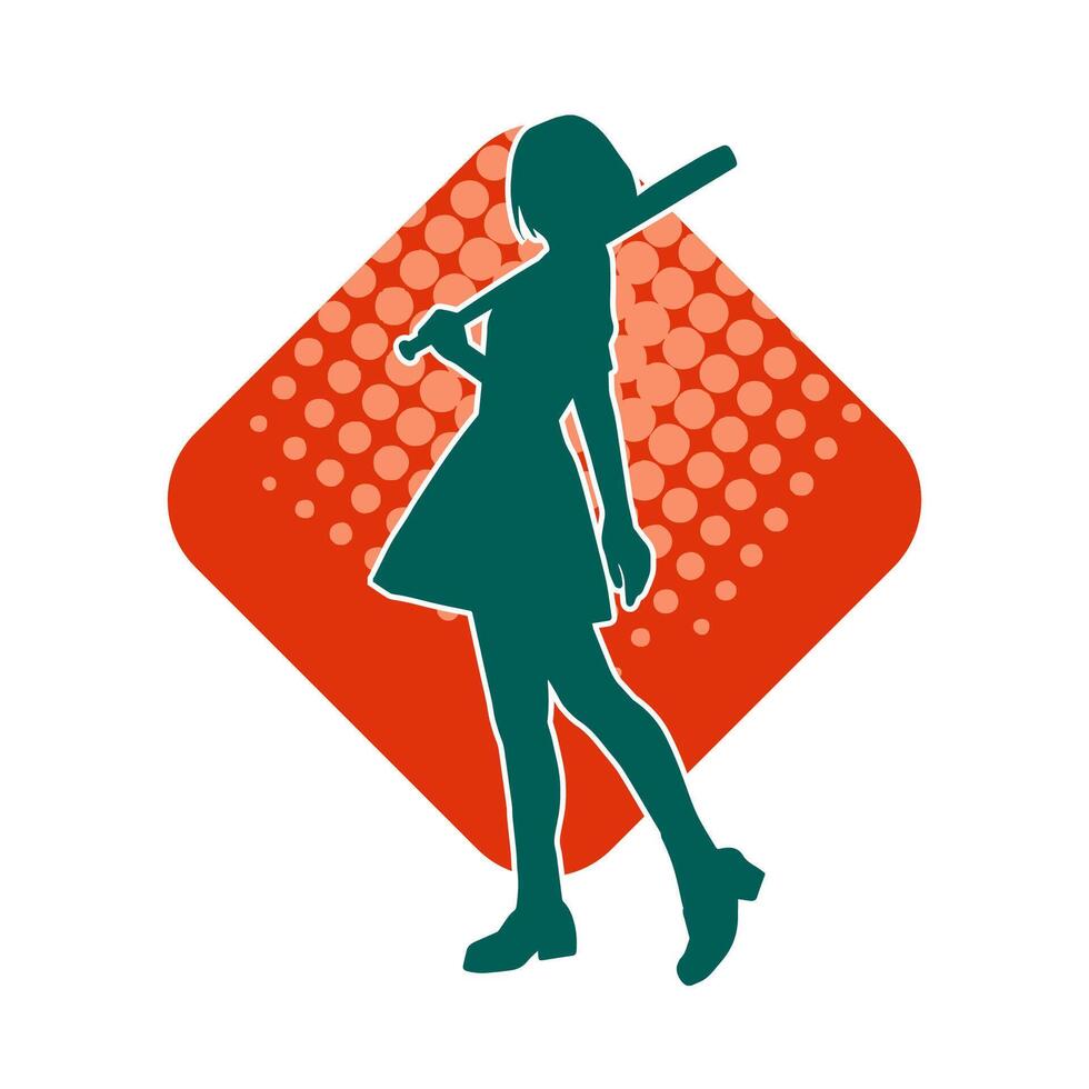 Silhouette of a female baseball batter player in action pose. Silhouette of a woman athlete playing baseball sport as a batter. vector