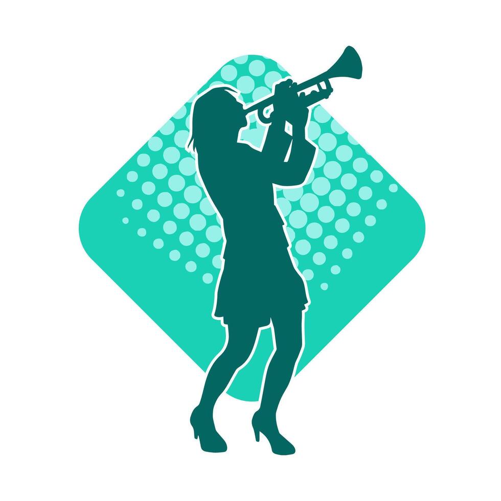 Silhouette of a woman musician playing trumpet brass musical instrument. vector