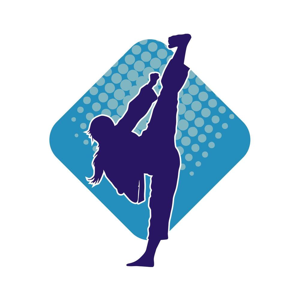 Silhouette of a woman doing a martial art kick. Silhouette of a sporty female doing kicking movement. vector