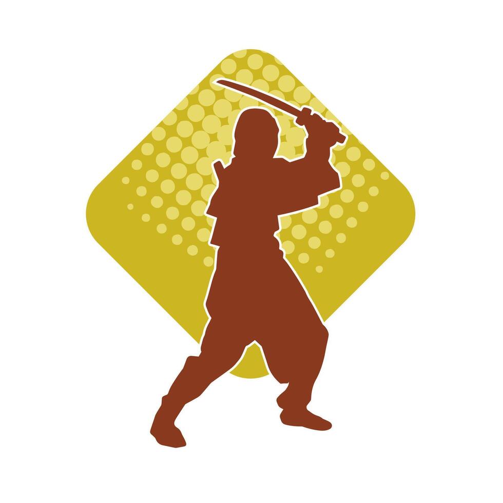 Silhouette of a male fighter in martial art costume carrying samurai sword weapon. vector