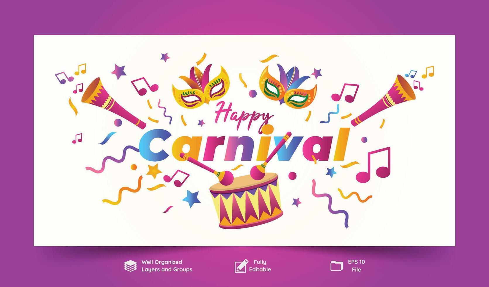 Happy Carnival Festive Concept with Drum Tambourine Masks and Ribbons Isolated on White Background vector