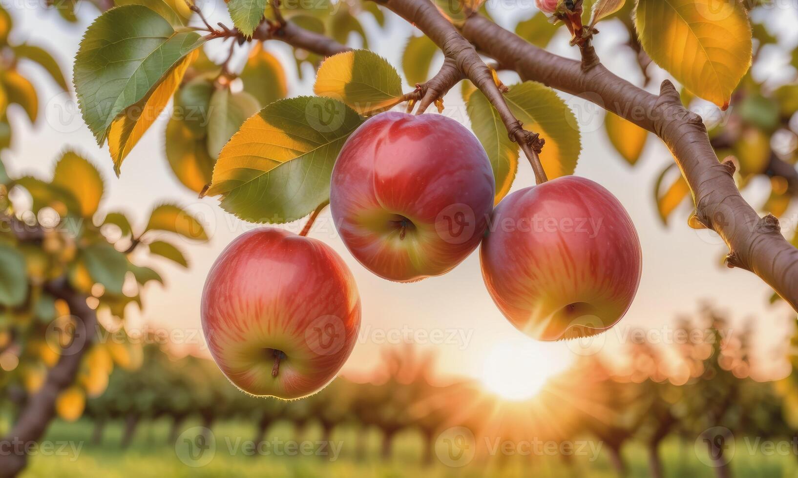 AI generated apple on a tree branch in the garden at sunset photo