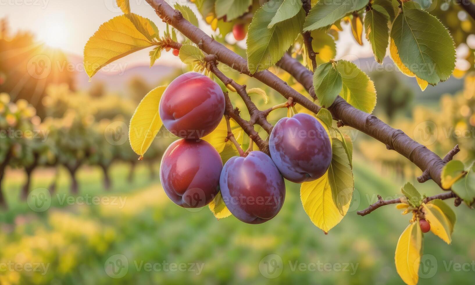 ai generado maduro ciruelas en un árbol rama en el jardín a puesta de sol foto