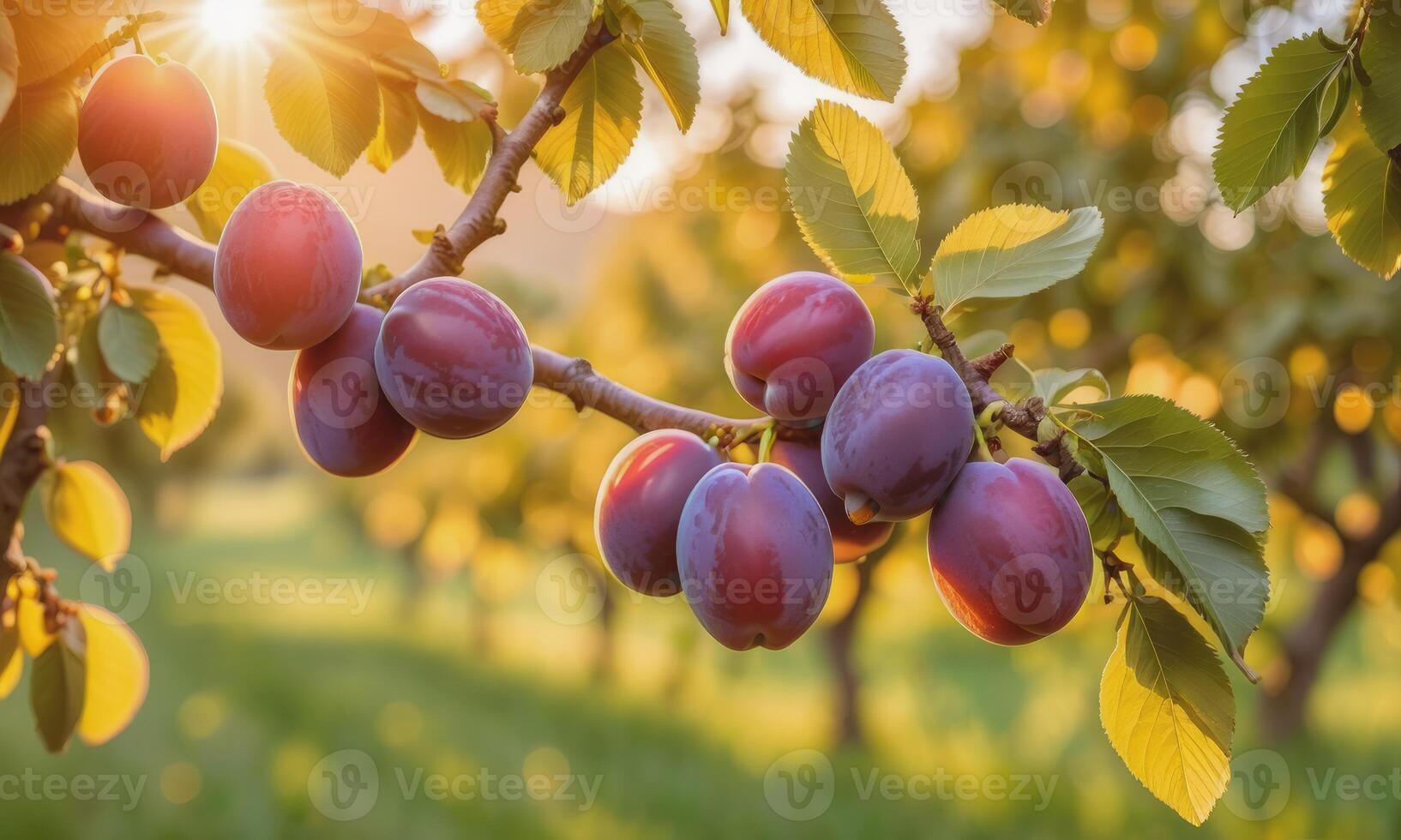 ai generado maduro ciruelas en un árbol rama en el jardín a puesta de sol foto