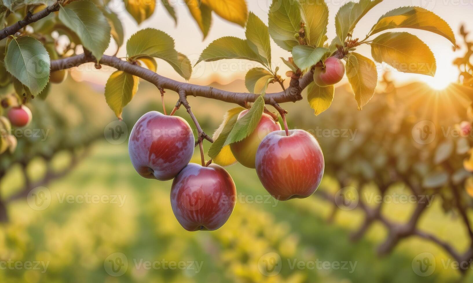 AI generated apple on a tree branch in the garden at sunset photo