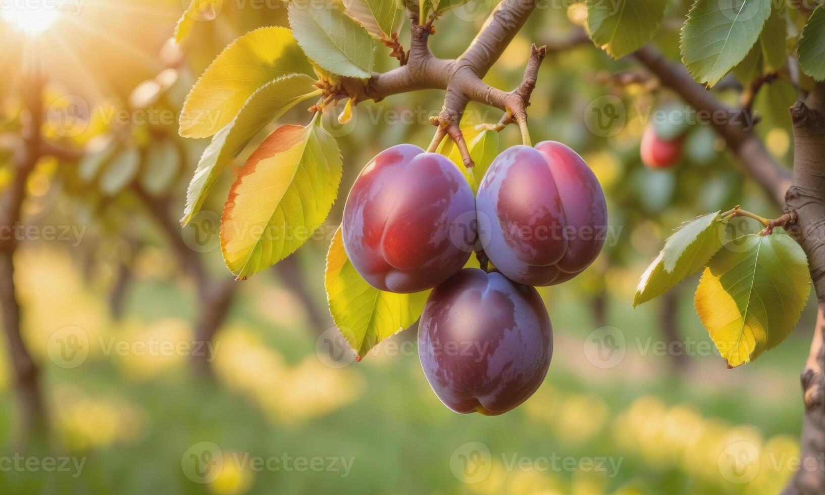 ai generado maduro ciruelas en un árbol rama en el jardín a puesta de sol foto