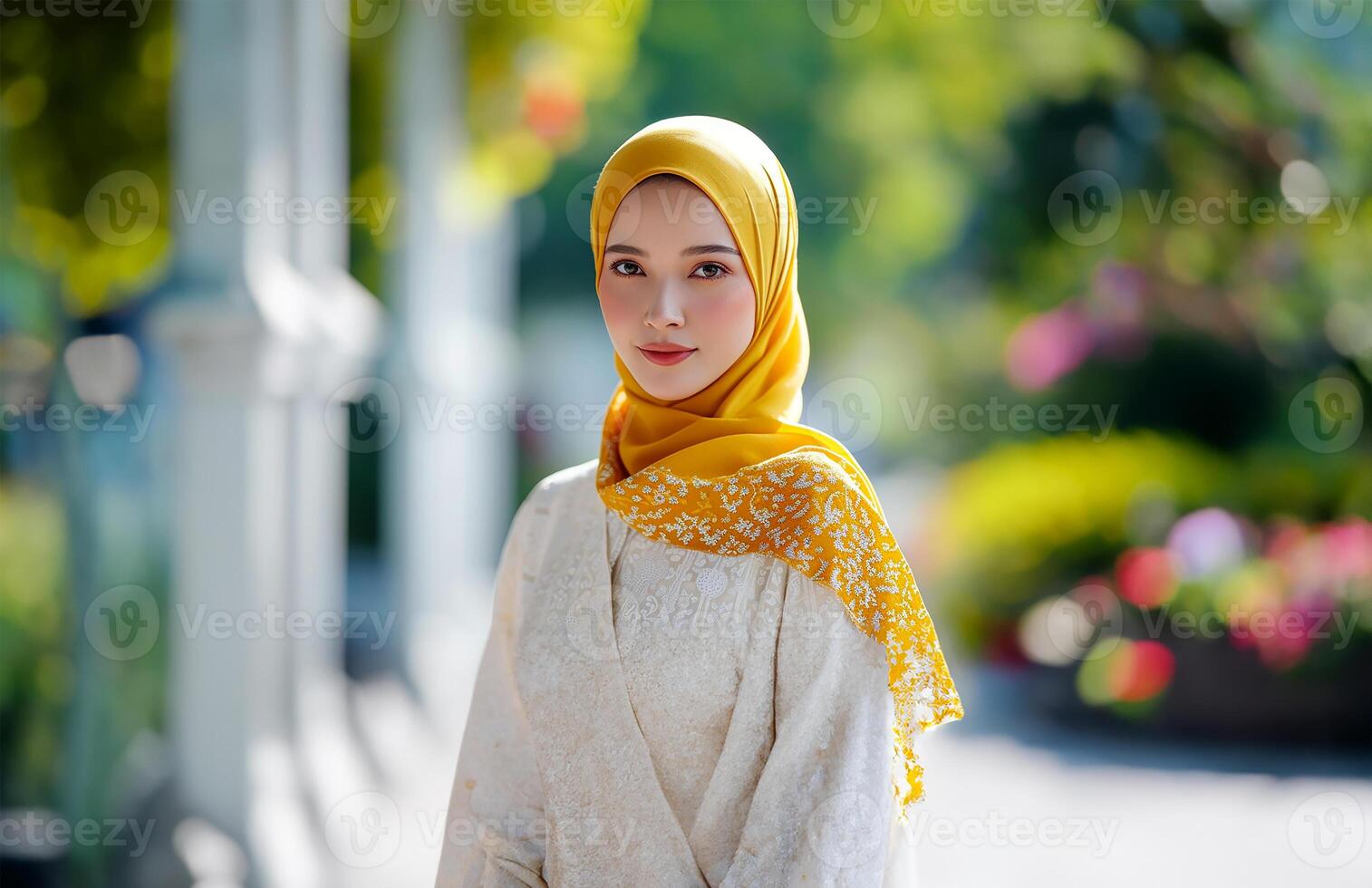 ai generado asiático modelo en blanco kebaya y amarillo hijab foto