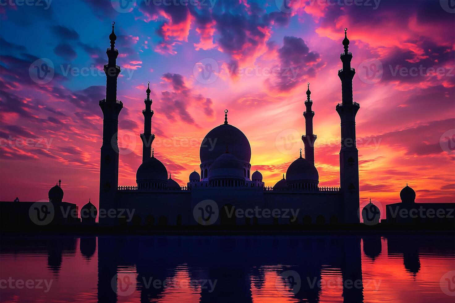 ai generado mezquita domos y torres en contra puesta de sol cielo foto