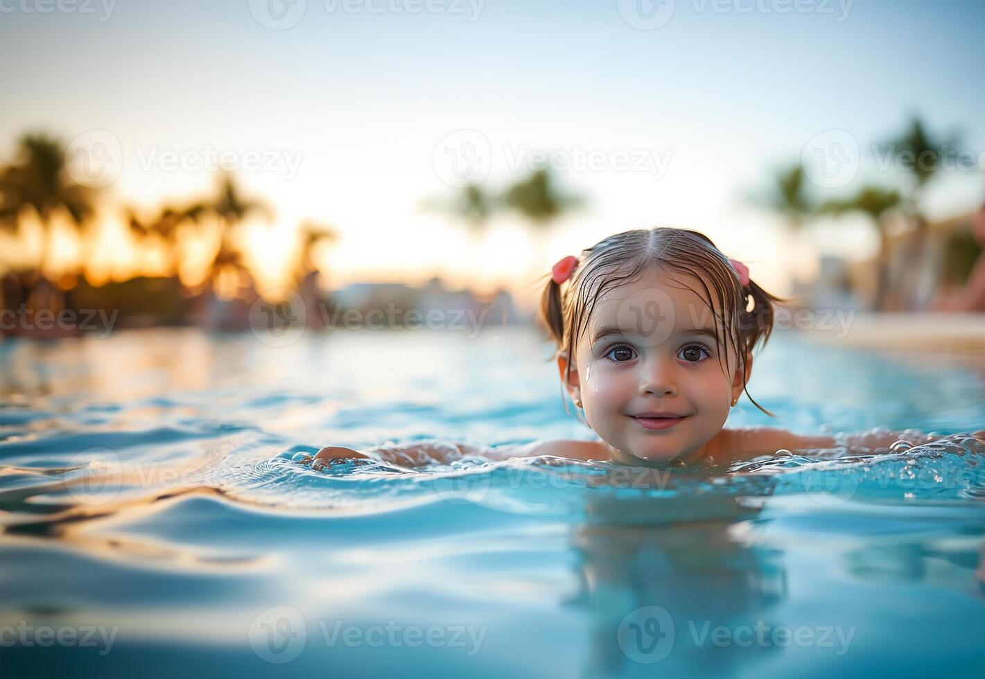 ai generado niño teniendo divertido en hotel nadando piscina foto