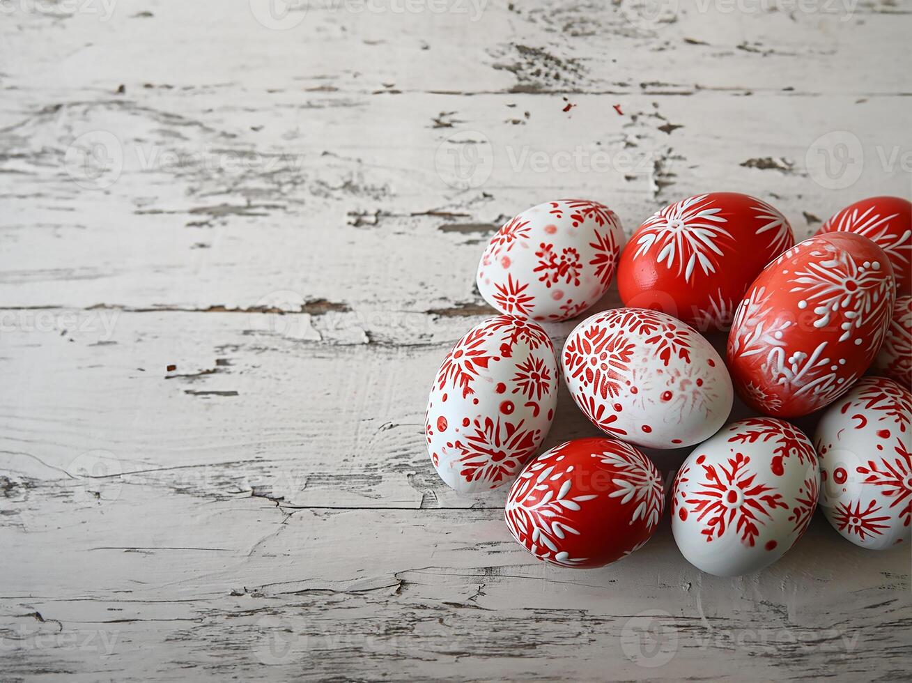 AI generated Red and White Wax-Resist Dyed Easter Eggs on White Wood photo