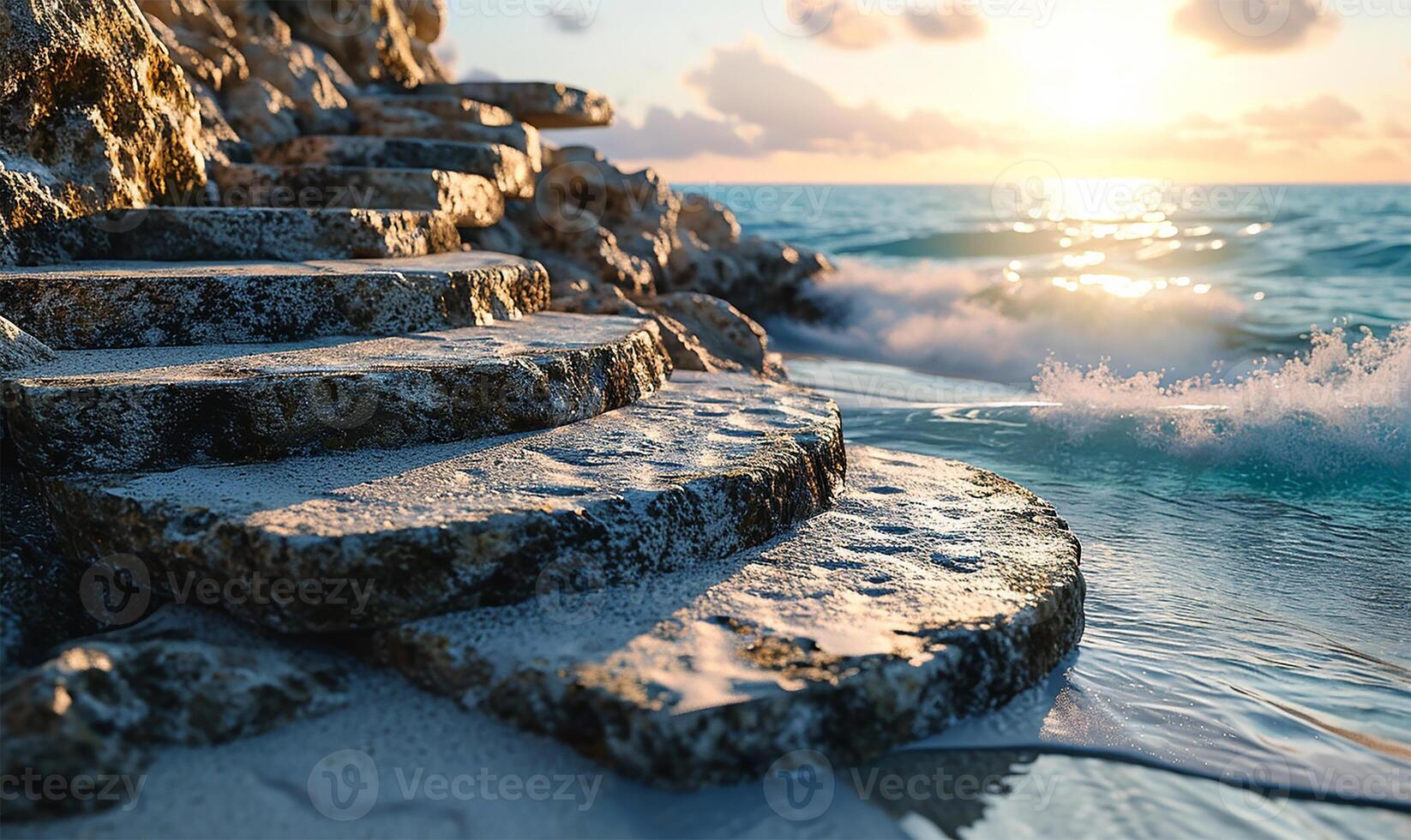 AI generated Summer Sands and Tropical Sea with Abstract Stone Podium photo