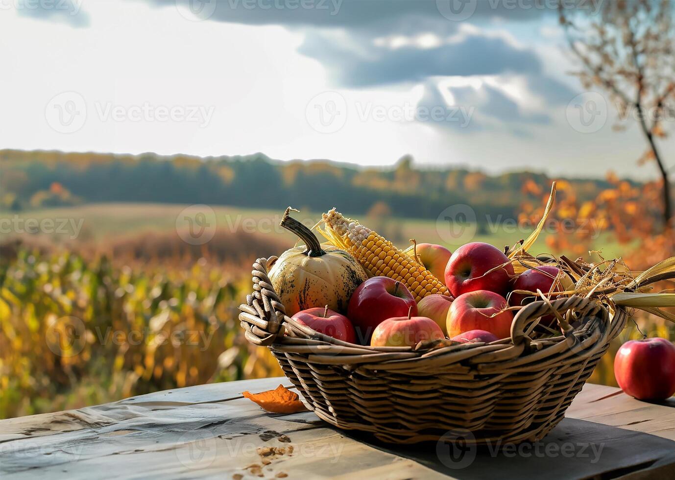 AI generated Festive Thanksgiving Table with Harvest Basket and Nature Scene photo