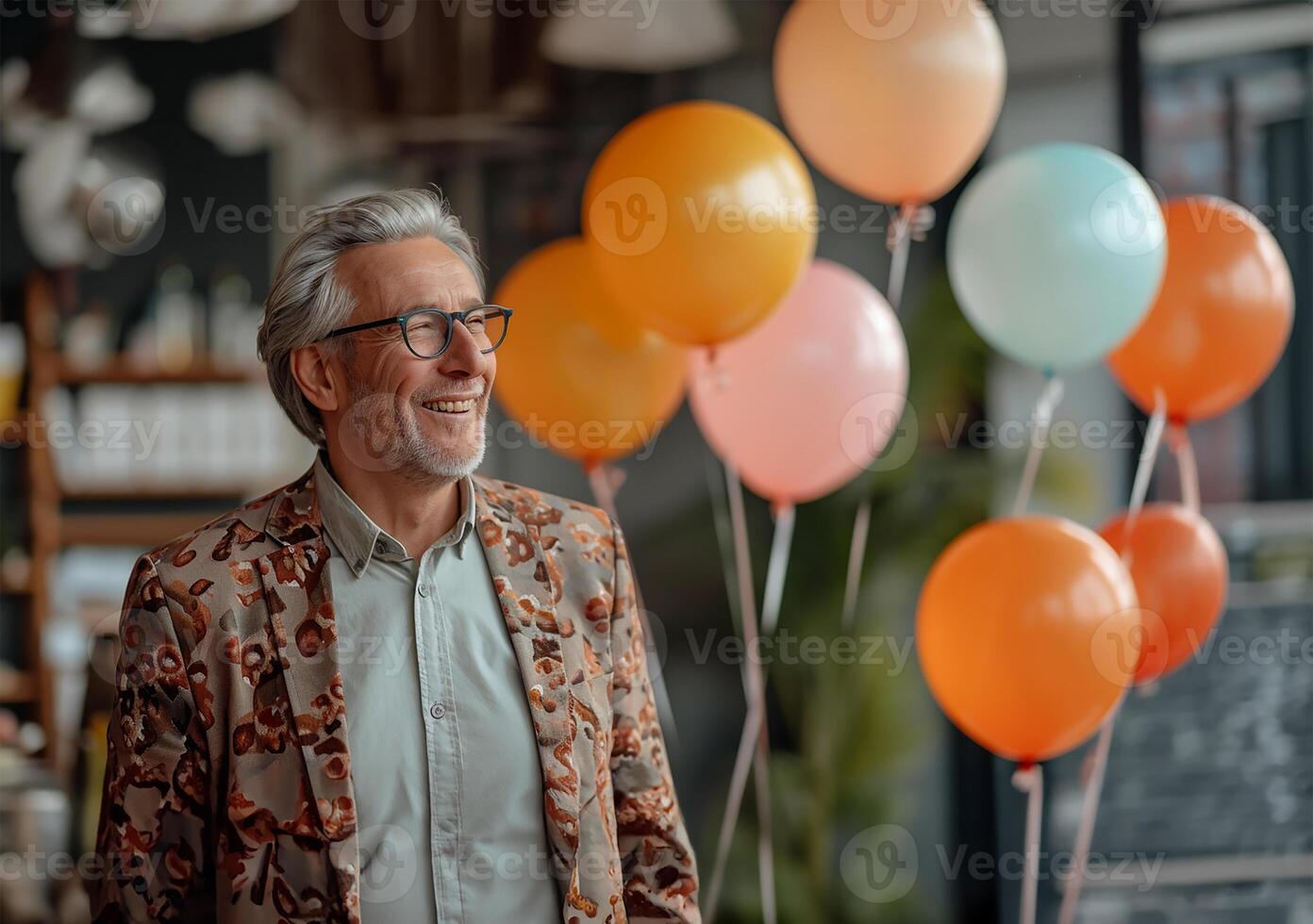 ai generado alegre mayor hombre en elegante atuendo con globos a nerds fiesta foto