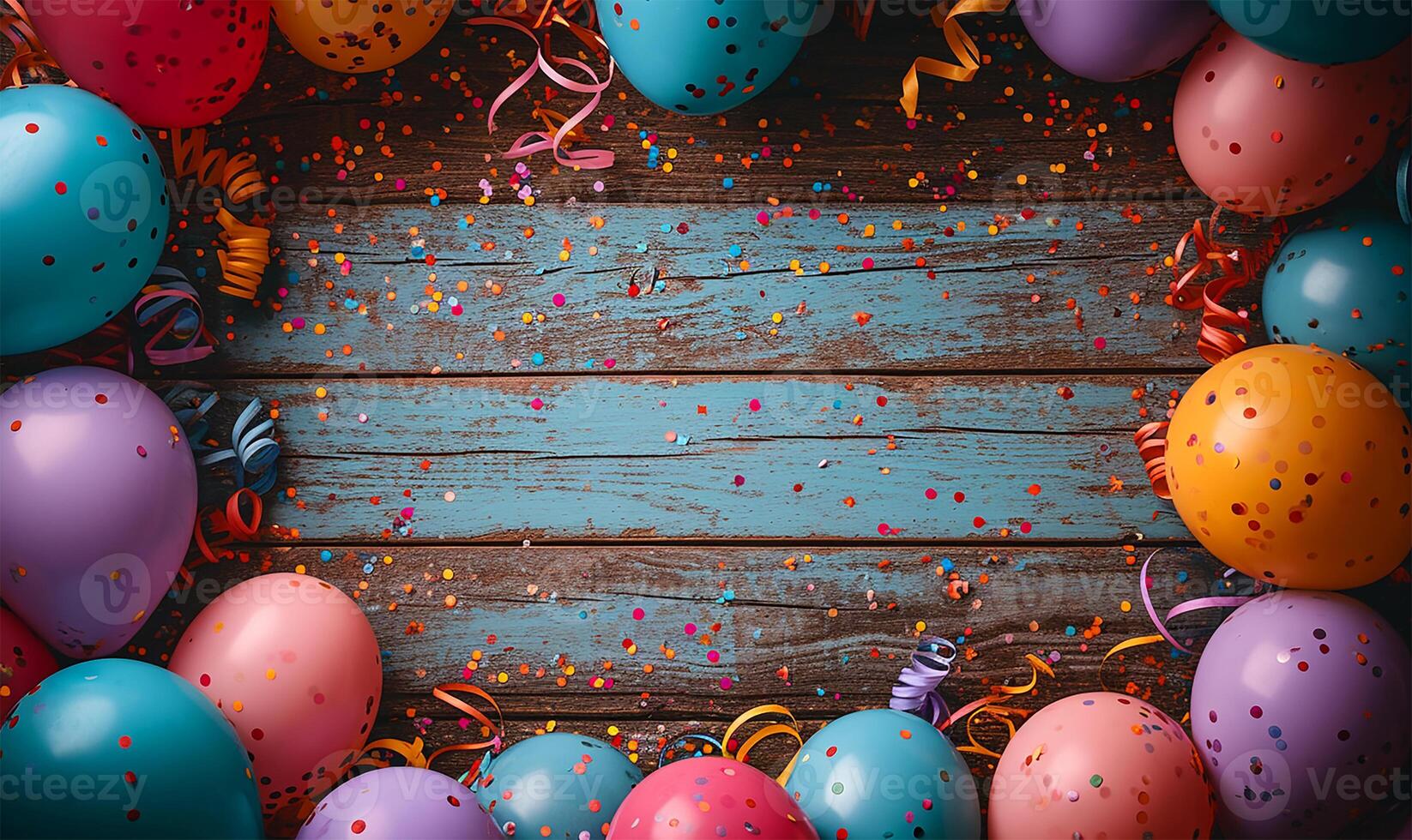 AI generated Festive Carnival Frame with Balloons and Streamers on Wooden Board photo