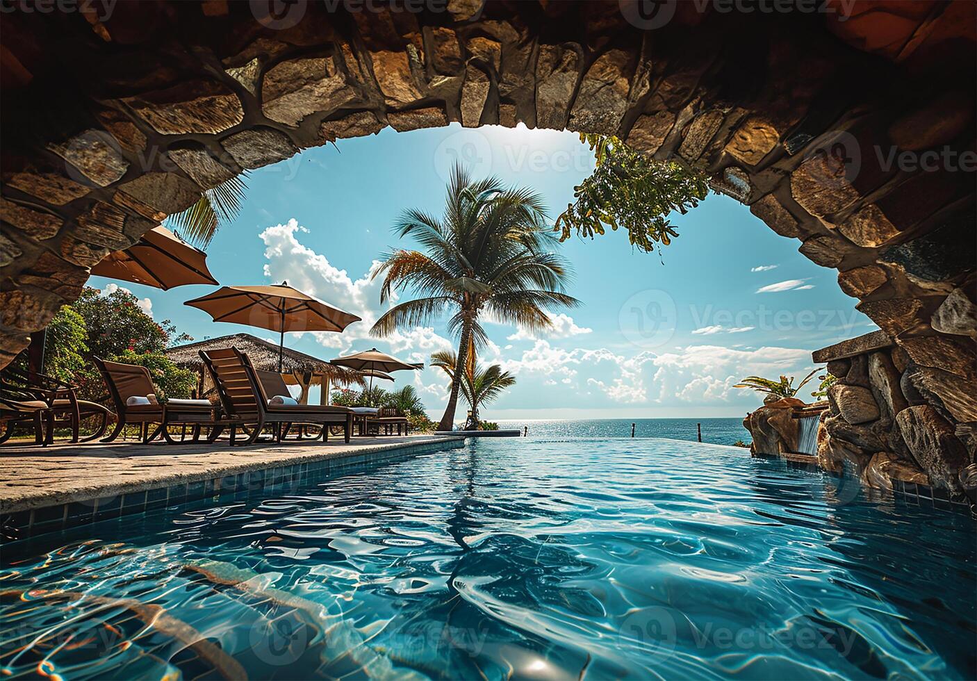 AI generated Luxury Poolside Umbrellas and Chairs with Palm Trees and Blue Sky photo