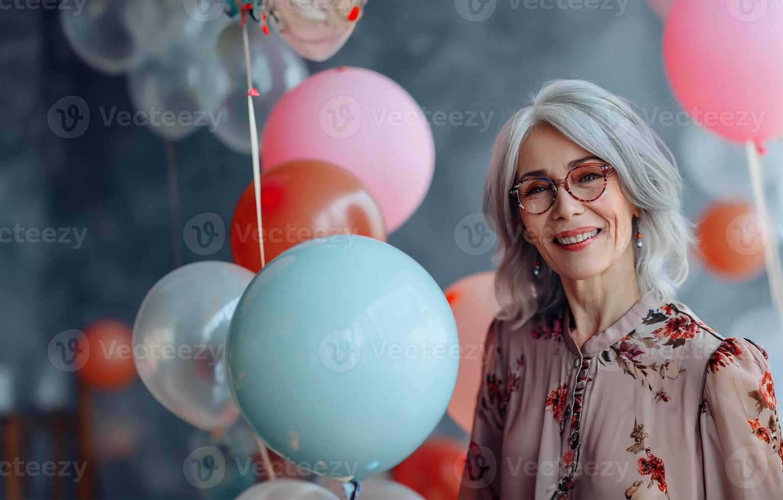 ai generado alegre mayor mujer en elegante atuendo con globos a nerds fiesta foto