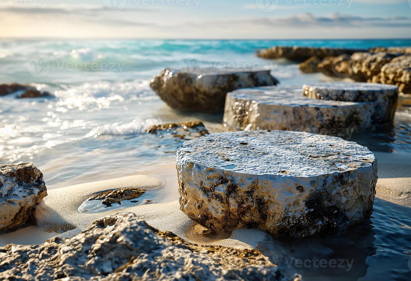 AI generated Summer Sands and Tropical Sea with Abstract Stone Podium photo