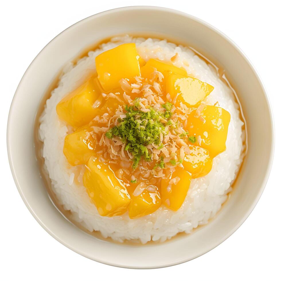 AI generated Delectable Mango Sticky Rice - Thai Dessert Isolated on White photo