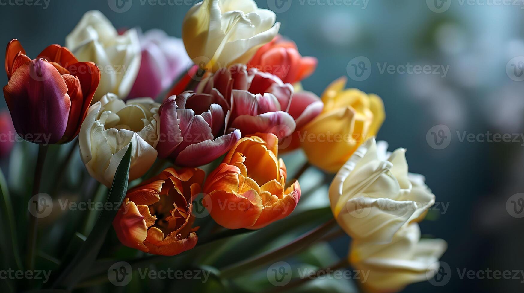 AI generated Elegant Tulip Bouquet, Enchanting Closeup with Bokeh Background, Nature's Delicate Charms photo