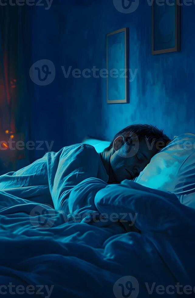 AI generated a Man Sleeping Comfortably in a Bedroom - sleeping day concept photo