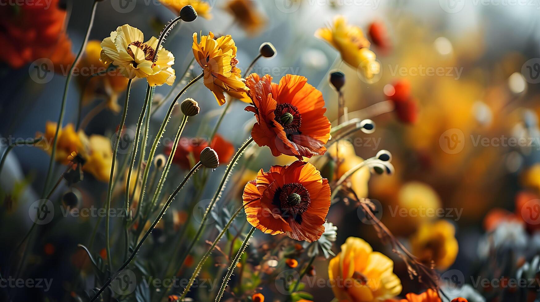 AI generated Enchanting Poppies - Outdoor Delight with Captivating Bokeh Background photo