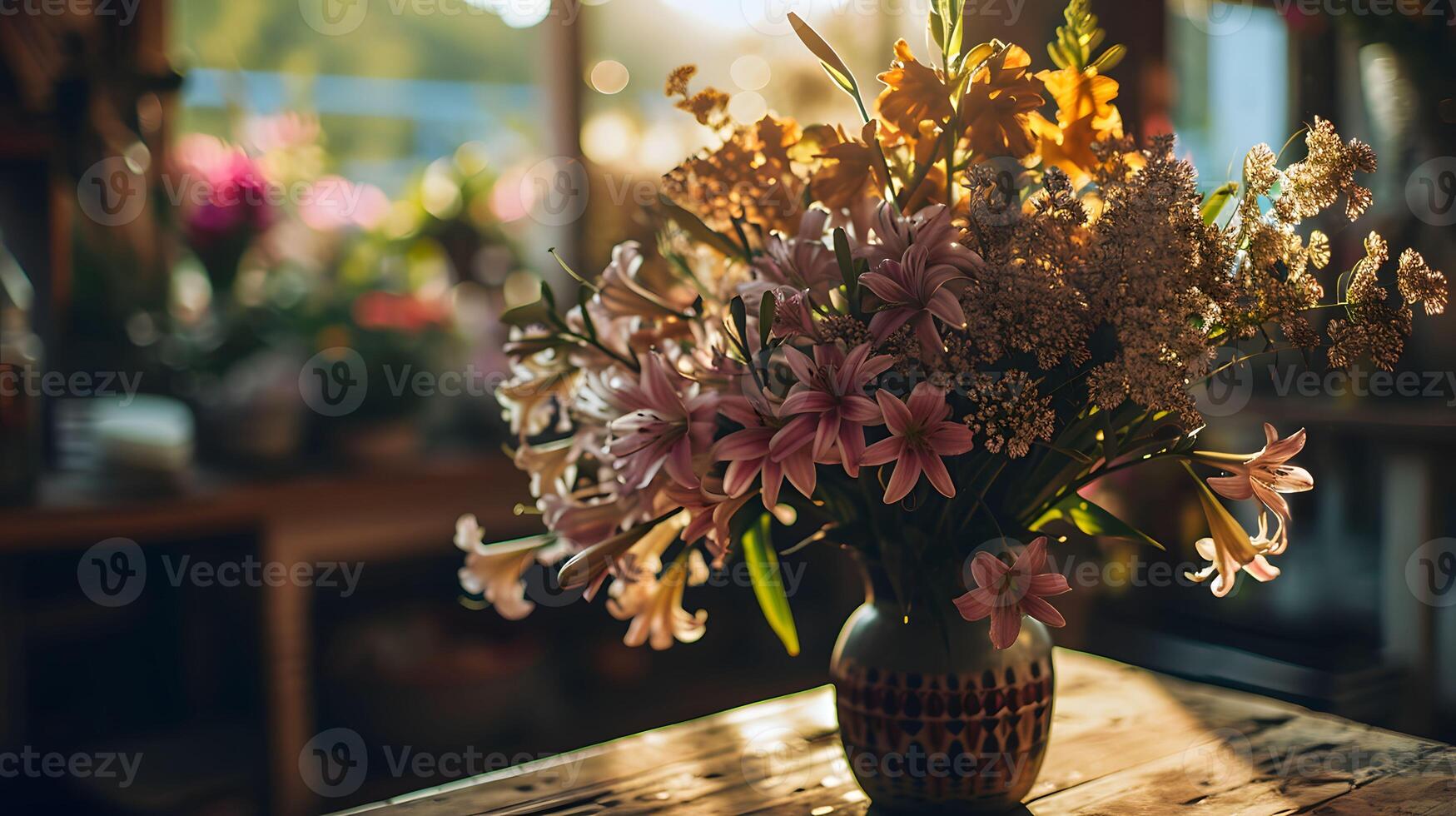 AI generated Elegant Lilies in a Vase - Timeless Beauty on a Wooden Table with a Subtle Blur Background photo