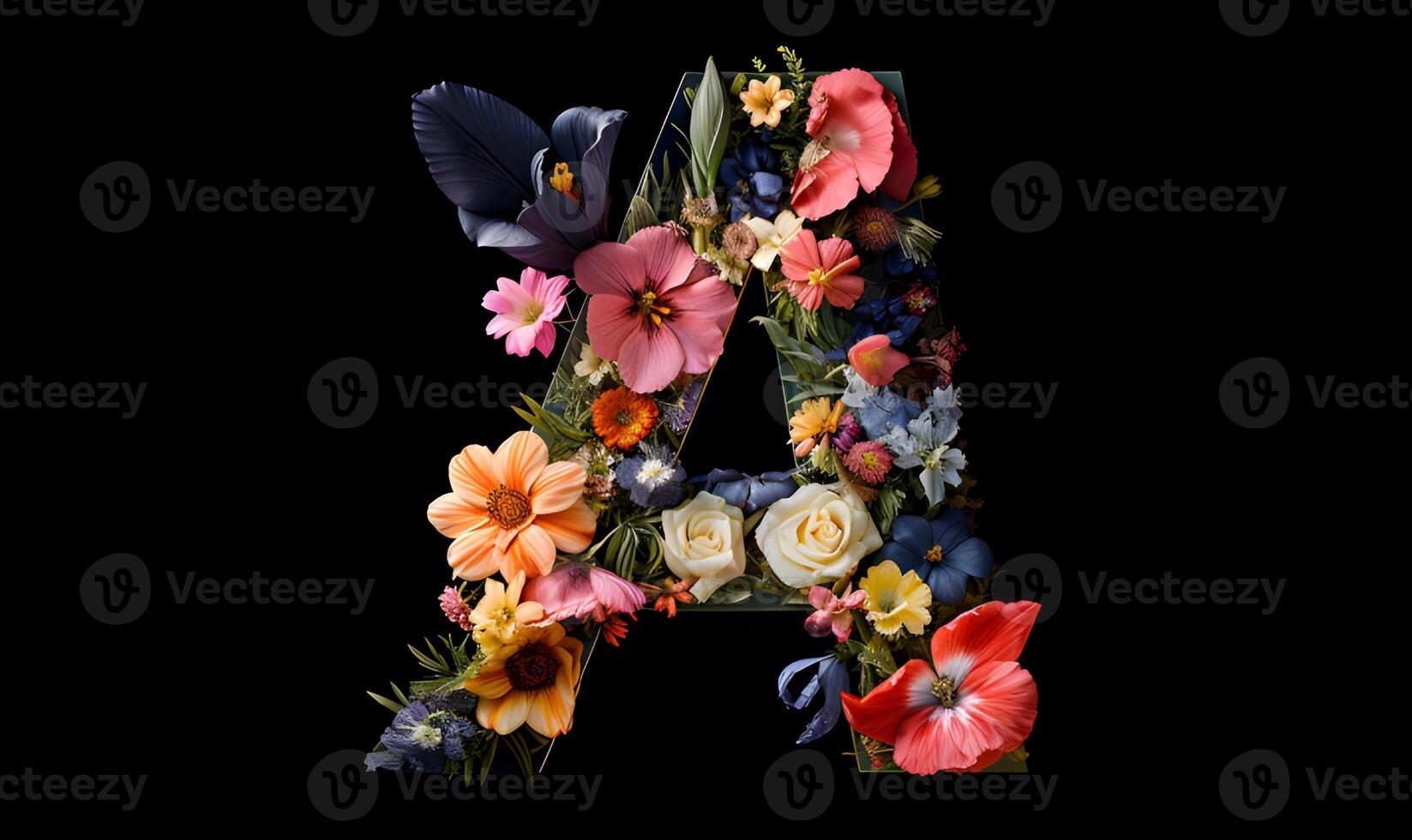 AI generated Capital Letters A with flowers isolate on black background. photo