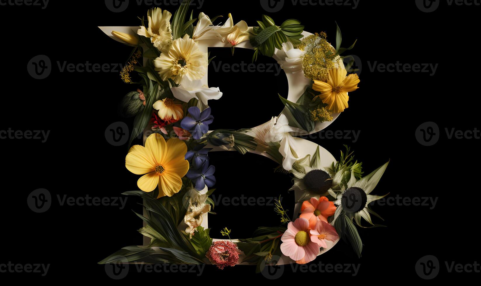 AI generated Capital Letters B with flowers isolate on black background. photo