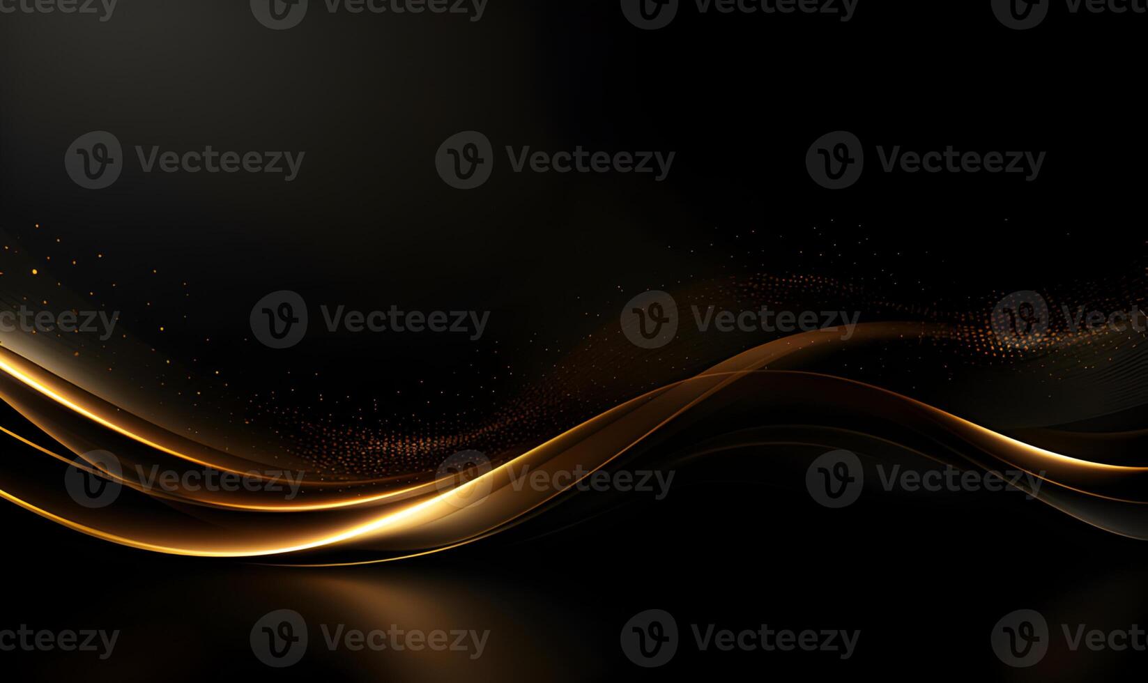 AI generated Luxury black background with golden line elements and light ray effect decoration and bokeh. photo