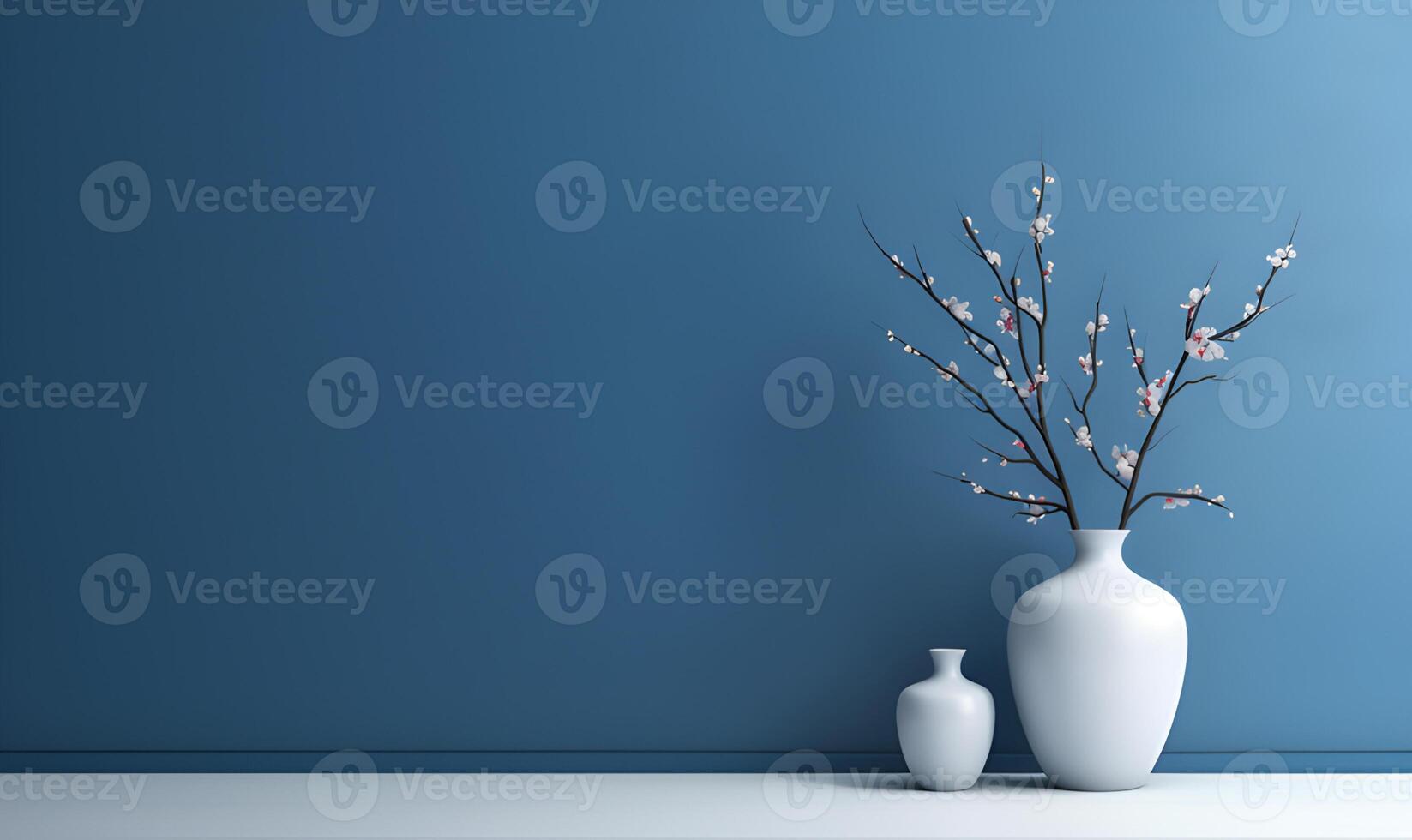 AI generated Empty interior background room with blue wall and white flower in vase. photo