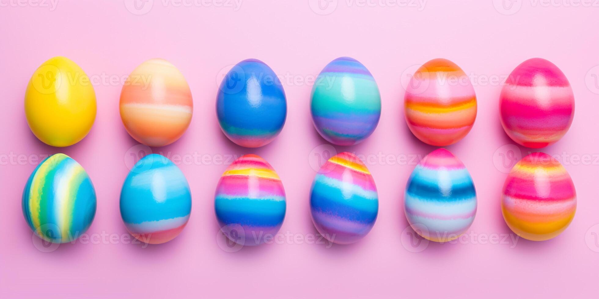 ai generado arco iris y oro Pascua de Resurrección huevos en mesa ajuste aislar en rosado antecedentes. foto