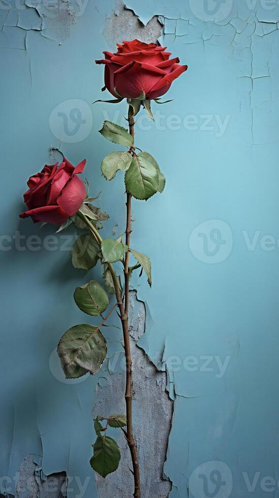 ai generado rojo Rosa en contra un azul pared foto