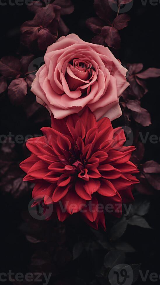 ai generado dos rosas son mostrado en frente de cada otro foto