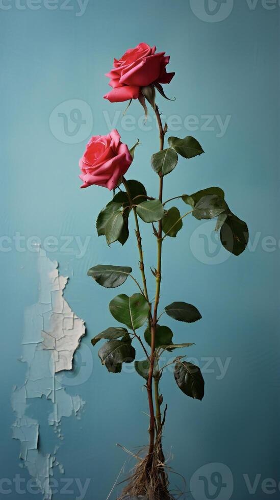 AI generated red rose against a blue wall photo